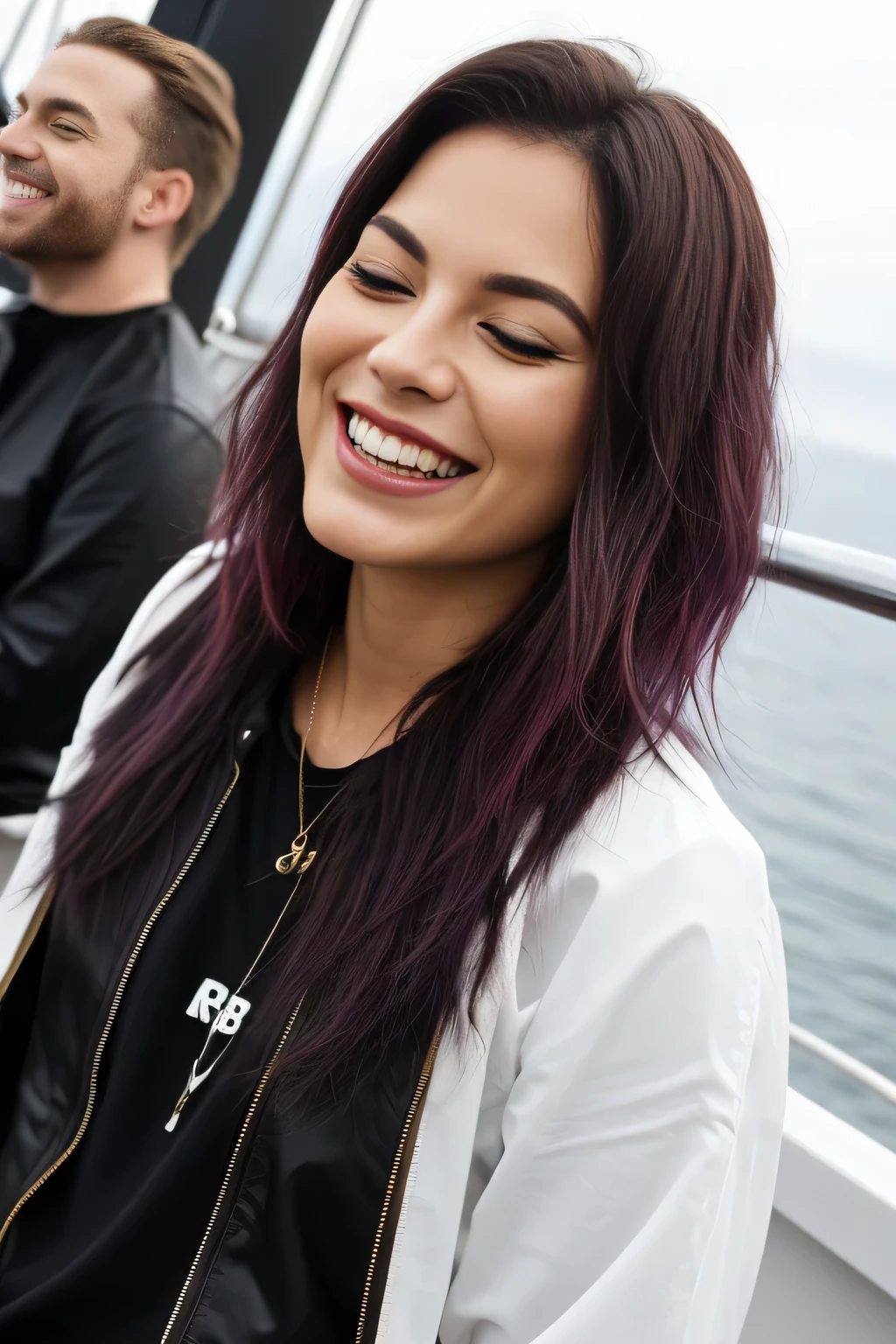 mulher de 27 anos, cabelos escuros long bob na altura dos ombros, laughing with eyes closed, vestindo roupas escuras no estilo rock, Ultra Qualidade