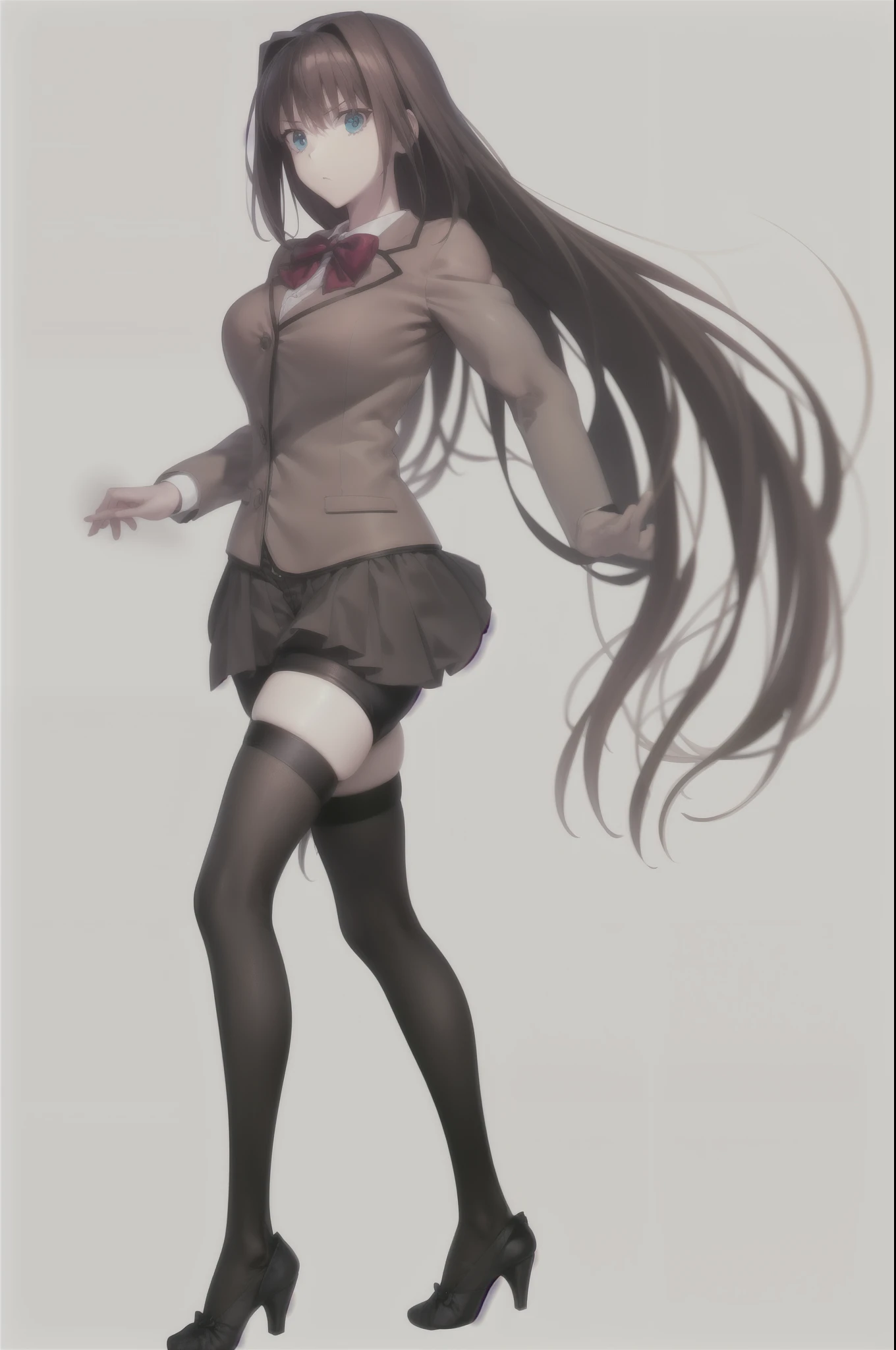 8k, highest quality, highest detail, AokoSchoolUniform, 1girl, solo, 2 legs, (chestnut-brown hair with slightly reddish undertone), perfect face, red bowtie, beige blazer, white shirt, (large breasts:0.7), nice hips, (Umber pleated-skirt:1.5), (black spandex shorts:1.4), (nice thighs:1.5), (symmetrical black thigh-high stockings:1.5), (brown Strap-Shoes), standing straight, ((Full body in frame including full shoes)), white-empty background, (((empty background:1.6)))

