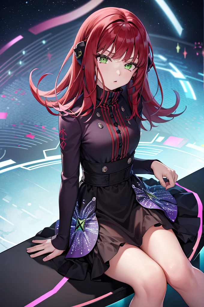 This is a high definition anime portrait (8K) que presenta a una chica ojos verdes que destacanm con curvas prominentes y una gargantilla, looking directly at the camera. Su cabello es una mezcla vibrante de rojo por fuera y por dentro violeta, con patrones y un brillo estelar que sugiere un fondo espacial y estrellado.
