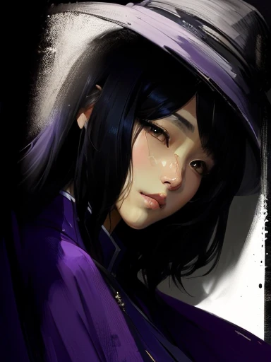 a drawing of a woman with a purple cape and a black hat, unknown artstyle, speedpaint, drawn with photoshop, inspired by Yukihiko Yasuda, took on ipad, inspired by Uragami Gyokudō, mysterious portrait, inspired by Yamagata Hiro, fanart, painttool sai, semirealistic anime style, inspired by Aaron Nagel