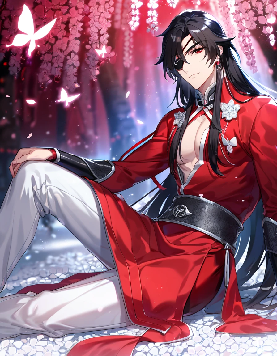 Ultra detailed, HDR, Highres, absurdres, master piece, Hua Cheng, black long hair, expressive red eye, black eye patch, Heaven Official's Blessing, glittering silver butterflies, petals, red clothes, red ice flowers, handsome, sexy man, toned chest, extremely detailed face and eyes, glittering, red forest, perfect face, red rain, white pants, sitting, demon king,