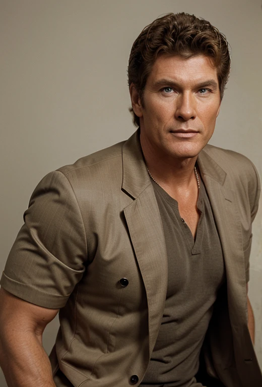 david hasselhoff, photorealistic, 1990s, tan suit with black tee, suave, 1996, 90s style, blank background