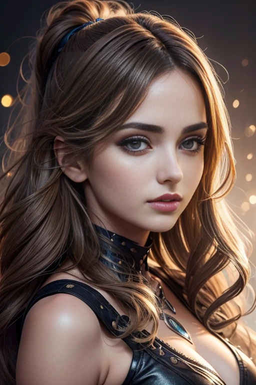 {Ana de Armas}, (cabelos rabo de cavalo com franja, slightly messy brown color), (olhos verdes, olhos altamente detalhado e brilhante), (full lips with dark lipstick), imagem altamente detalhada, alta qualidade, 16K, estilo cyberpunk, Altamente hiper realista.