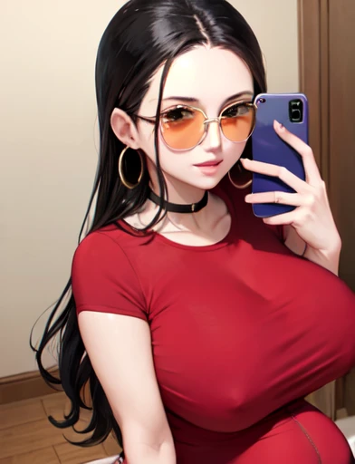 masterpiece, highest quality, Beautiful woman, whole body, Detailed hairstyle, I was sweating, Hoop Earrings, golf bangle, choker, Mature Woman, indoor, Nico Robin, sunglasses, Wear glasses on your head, Long Hair, big breasts long_Tracksuits, Yoga pants、Selfie、Pregnant women