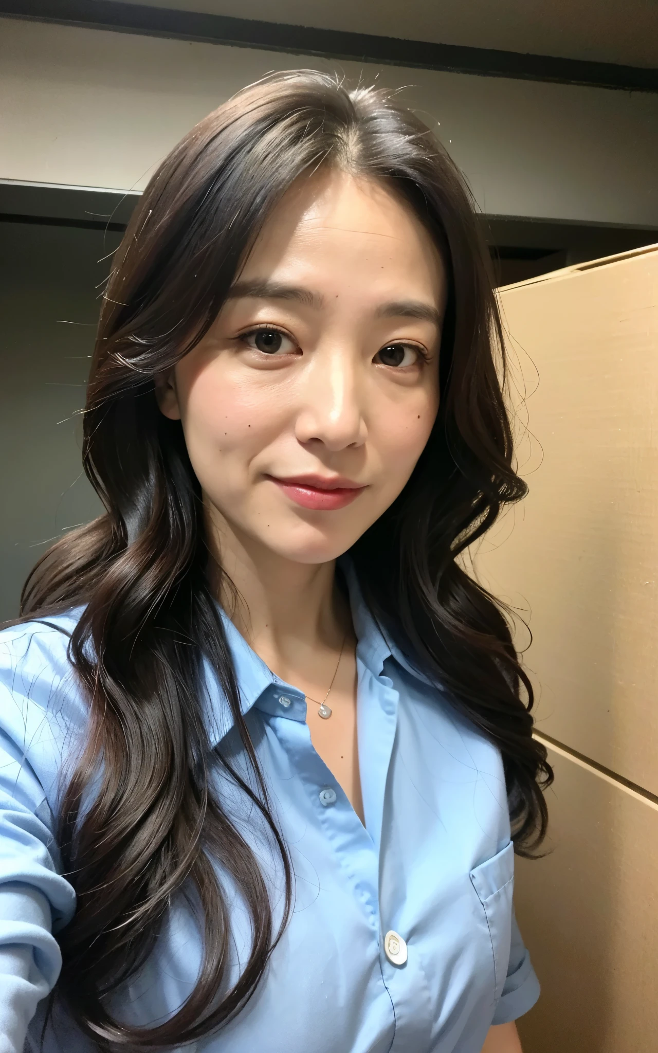 ((Best Quality, 8k, Masterpiece: 1.3)), Photorealistic, Sharp Focus, High Quality, High Definition, Portrait, Solo, Japan, Middle Aged Woman, Beauty, 43 years old, Plump, Wavy Hair, receptionist uniform, Wrinkles at the corners of the eyes:0.5, Narrow backyard, Lots of boxes, Lots of files, Dark background