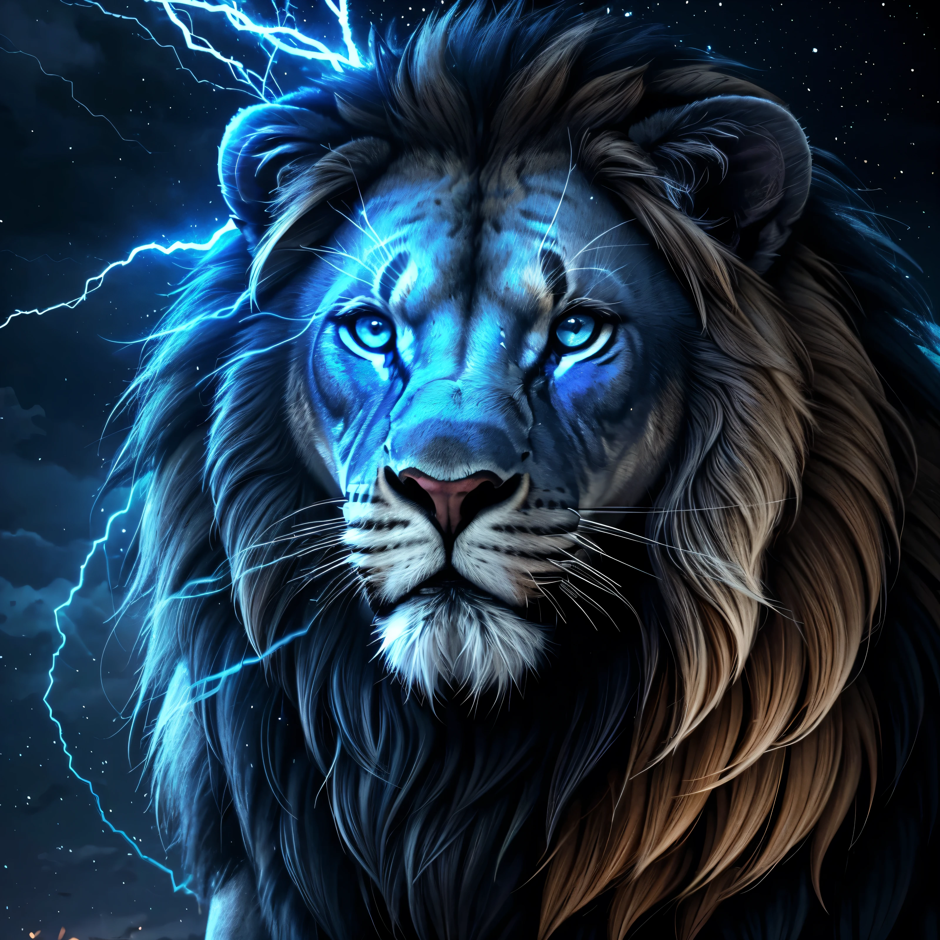 Lion, Divine Lion, naturais, Blue Thunder, Realistic Lion, King, Detailed Realistic, Detailed Realistic 16K, Eletricidade Detalhada 8K, texturas Realistas 8K, Cores Fotorrealista 8K, Blue Fire, Detailed Realistic Fire Bolt, Black and Blue Power, Power Thunder, Divine Realistic, Natureza, Linda, Rendering, Fotorrealista, UltraHigh definition, 4K, texturasdetalhadas, thunder, sombras detalhadas, cores detalhadas, Azul Neon, Blue Light, Raios, Blue power, Natureza Linda, Grande Divino, Blue Light, Blue Thunders, Coroa Rei, Thunder Bolt, Bolt eletric Power, Detailed Realistic Black and Blue Lights, Detailed Realistic Lion 16K, Detailed Realistic Fire Power, Detailed Realistic Divine Lion, Detailed Realistic Face 8K, Nitidez Ultra Realista 16K, Texturas Ultra Detalhadas 8K, Natural Detailed Realistic 8K, Night, Night Sky, contraste detalhado, Contraste realista, high resolution, cores detalhadas, fogo, eletricidade, divina criatura, 8k, Realista detalhado, 16K, 8k, High definition, contraste detalhado, Contraste realista, high resolution, cores detalhadas, fogo, eletricidade, divina criatura, 8k, Realista detalhado, elegante,