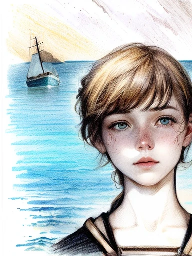 drawing of a woman with a boat in the background, blurred and dreamy illustration, blurry and dreamy illustration, inspired by Richard Doyle, inspired by Raymond Briggs, cover illustration, he's on an old sailing boat, dramatic illustration, colorized pencil sketch, the sea of sadness, inspired by Edward Baird, at the sea, inspired by Penny Rimbaud, by Jane Graverol