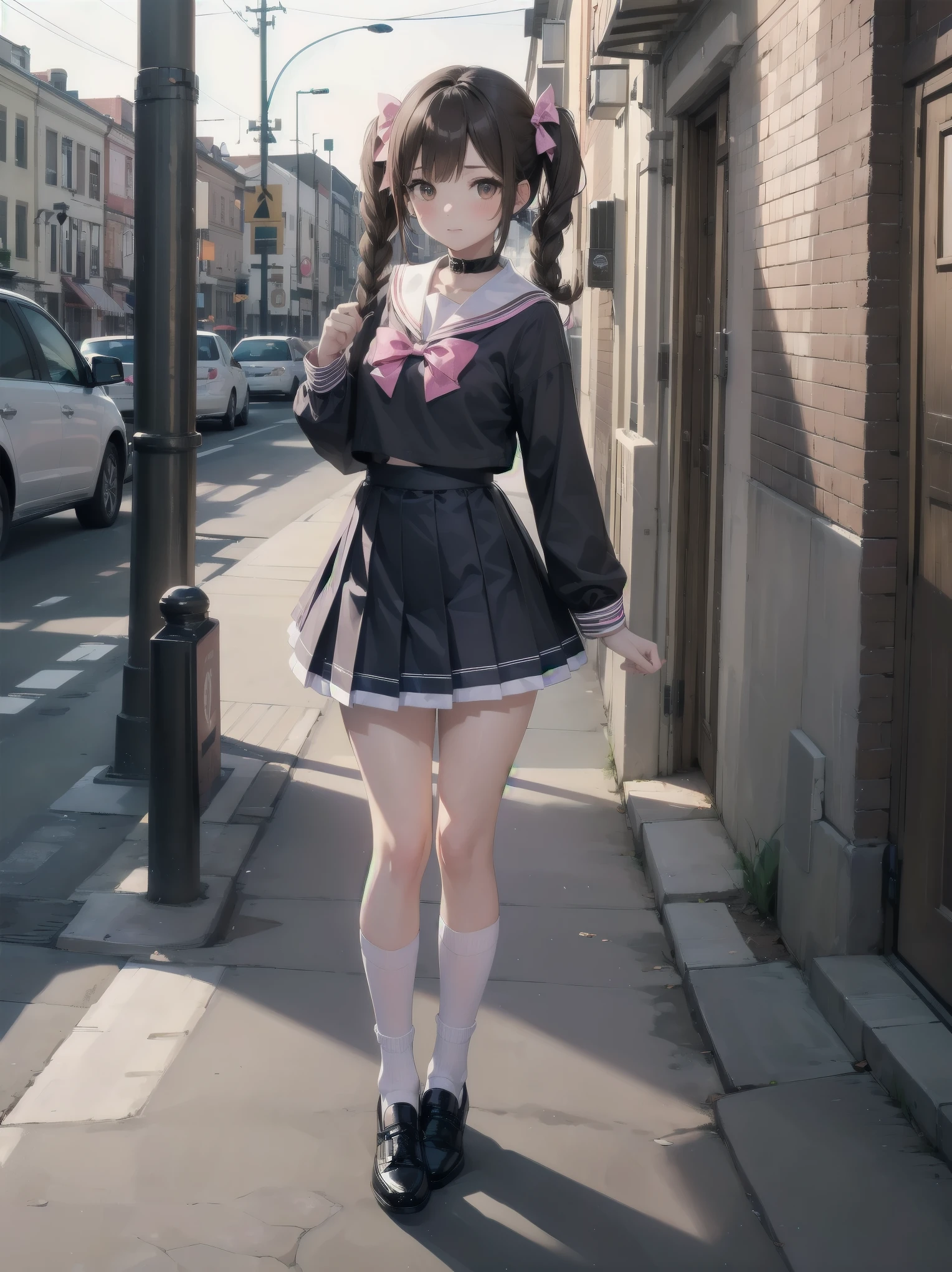 1girl, solo, looking at viewer, skirt, brown hair, shirt, long sleeves, bow, twintails, brown eyes, , full body, shoes, socks, sailor collar, black footwear, twin braids, cosplay, blue bow, white socks, pink skirt, photo background, pink sailor collar