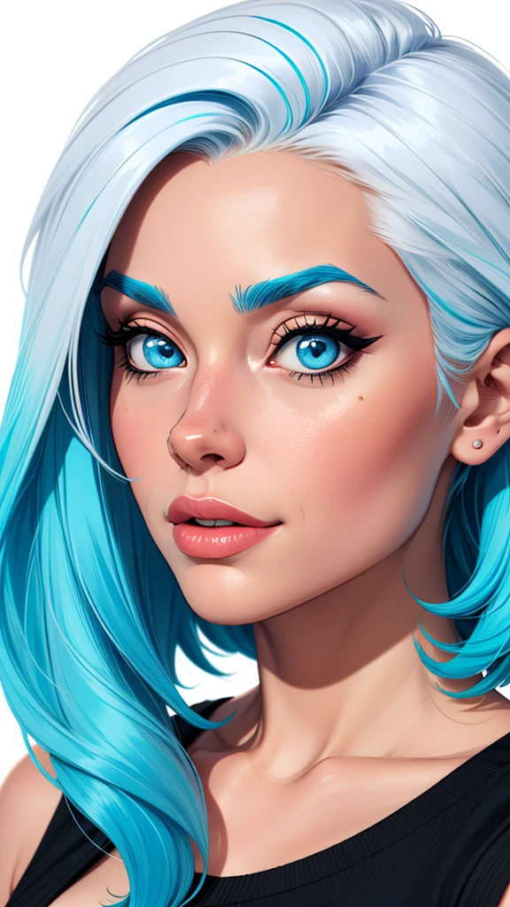 A close up of one woman with blue hair and a choke (cartoon style:1.2), drawing of afro girl white blue hair, perfect eyes, detailed face, white background, small breasts