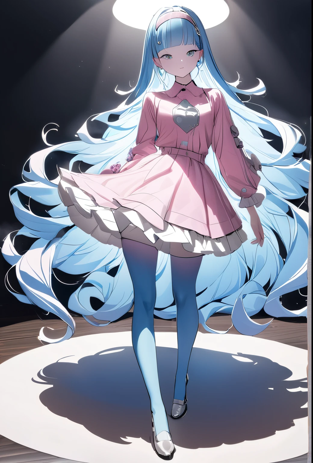 Holo-Punk Style, (8k, RAW photo, best quality, masterpiece: 1.2) detailed face, (light: 1.2), a detailed painting, clearly crafted detail, intricate, cinematic, dim natural lighting, (high skin detailed: 0.9), raytracing, detailed face, good face, high resolution,1girl, pastel blue hair, bright pink colored tattoos, short pink shirt, short frilly skirt, very long hair, hair band, full body view, monochrome living room, tattoo sleeve, pastel blue stockings