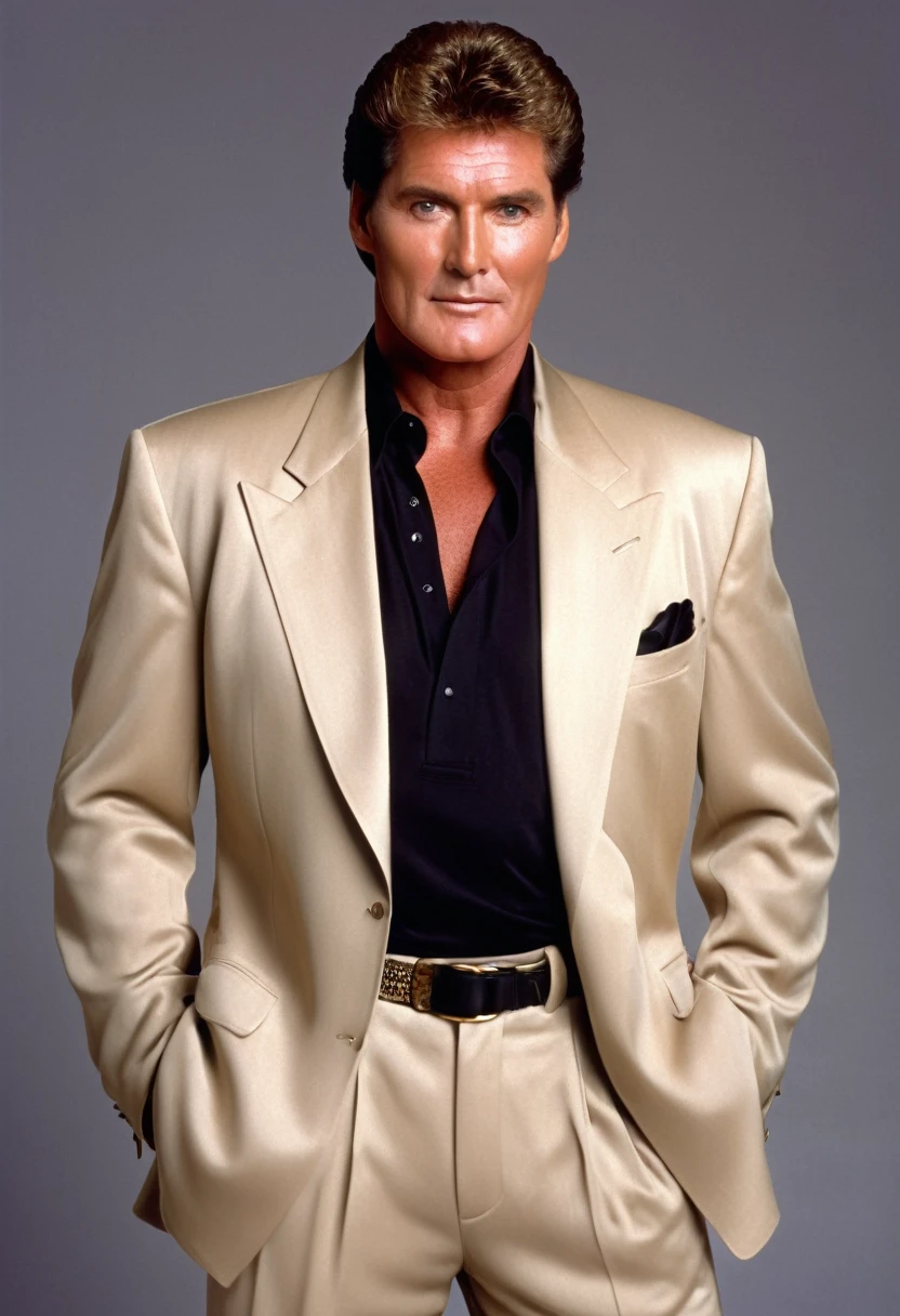 david hasselhoff, photorealistic, 1990s, tan suit with black tee, suave, 1996, 90s style, blank background