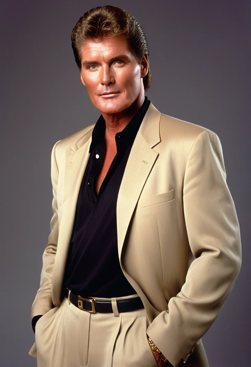 david hasselhoff, photorealistic, 1990s, tan suit with black tee, suave, 1996, 90s style, blank background