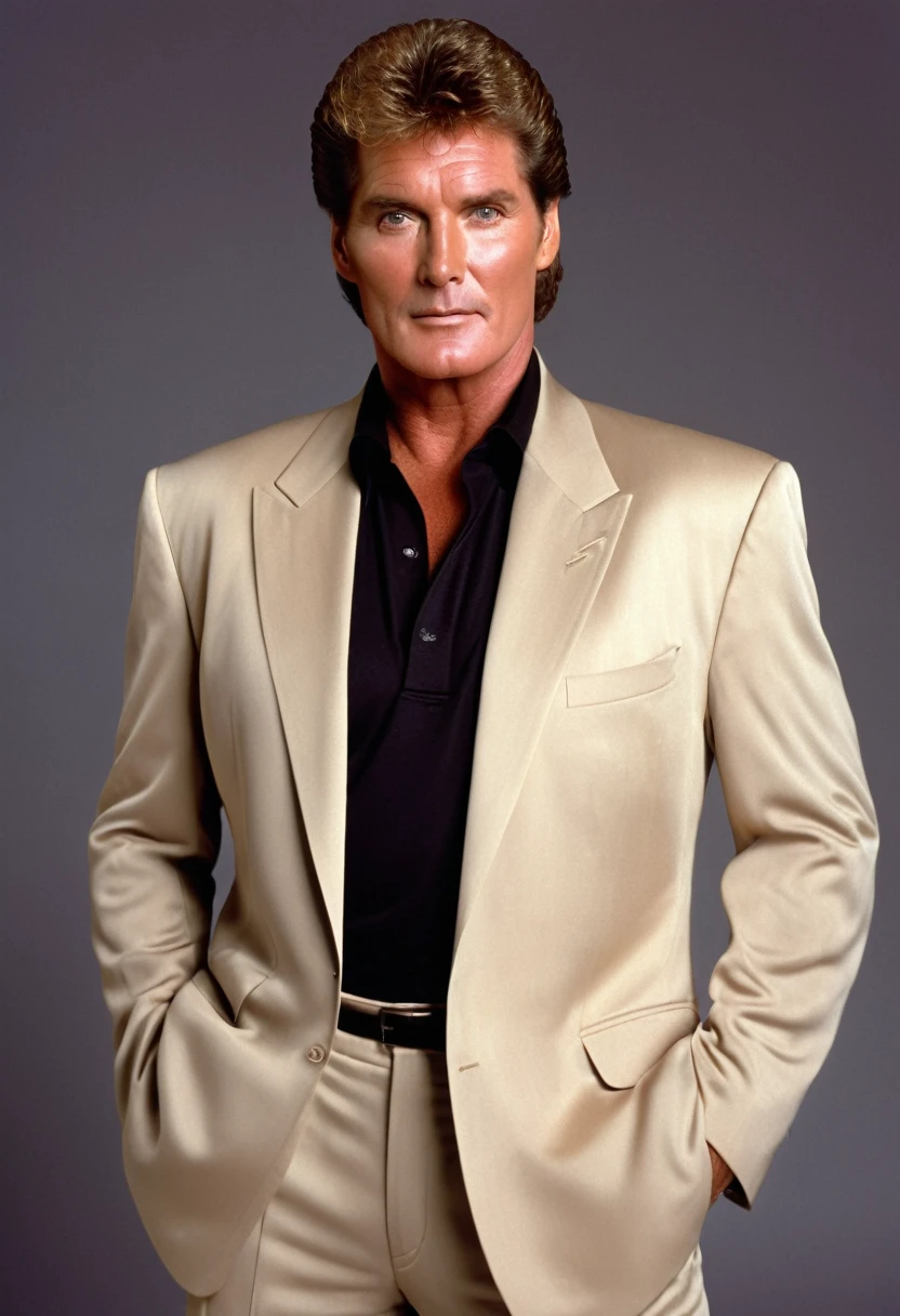 david hasselhoff, photorealistic, 1990s, tan suit with black tee, suave, 1996, 90s style, blank background