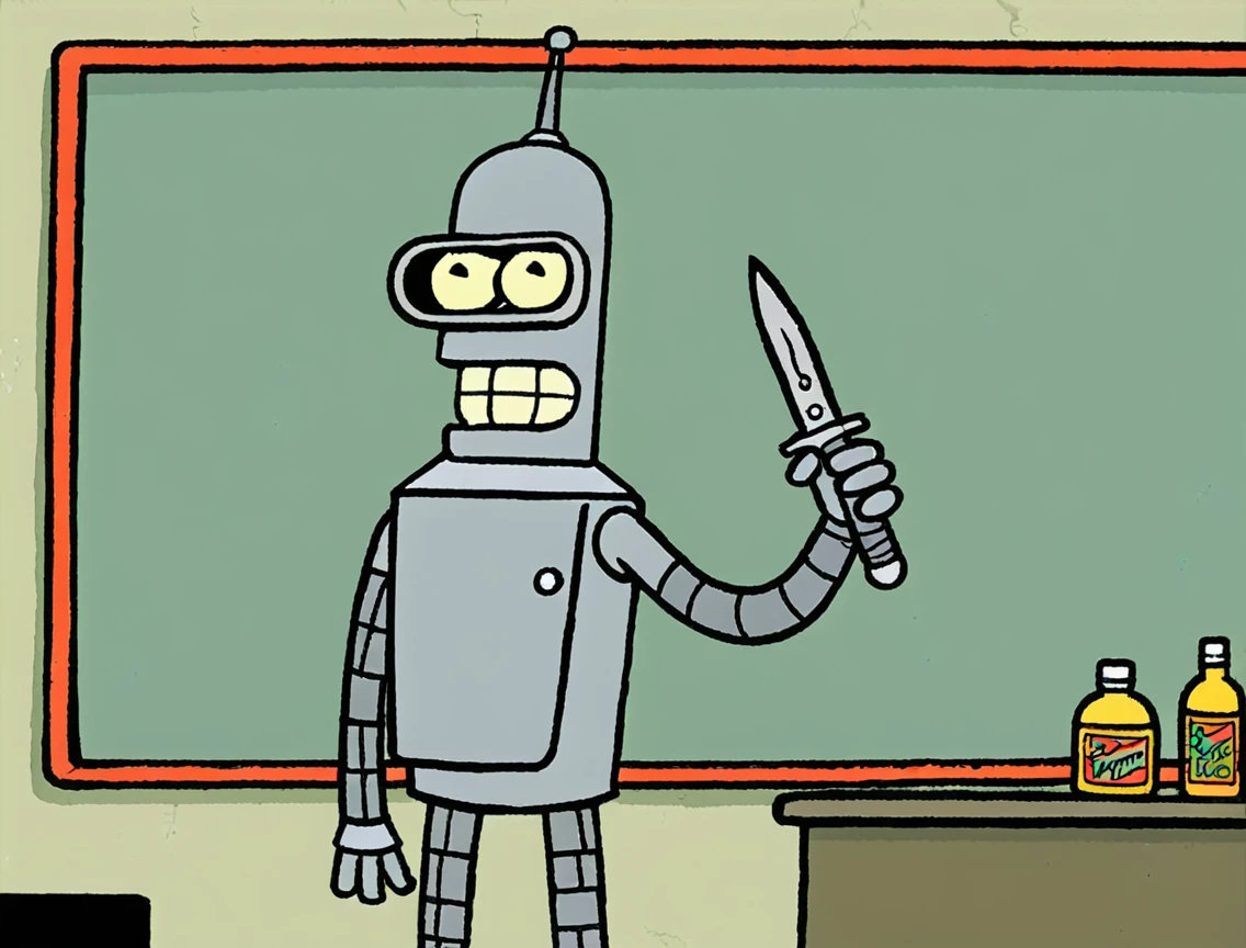 Bender holding Spike Knife on Classroom, Style of Graffiti Comic 