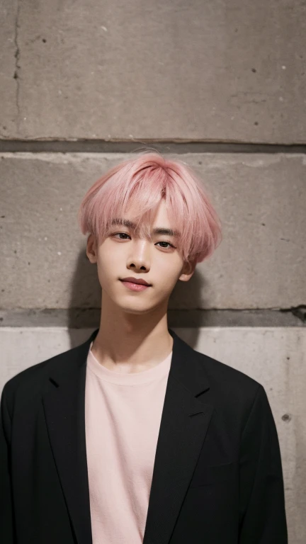 (Highly realistic photos, concentrate、High resolution, Detailed face, Detailed Hair,fine grain), ((Shooting in front of a wall))、Japanese men, 20-year-old, One boy,Only one person is in the photo、Natural look、(Black jacket), Upper body portrait,masterpiece,Kim Tae-hyung,Kim Taehyung\(BTS\),Stage makeup,Fair skin,Broad shoulders:1.5,(Pink Hair, :1.2),shy,smile,Inside a minimalist art gallery in Tokyo, admiring a piece of contemporary art.The gallery's sophisticated lighting focuses on the artwork and him, creating a dramatic interplay of shadows and light --ar 3:4 --style raw --stylize 250