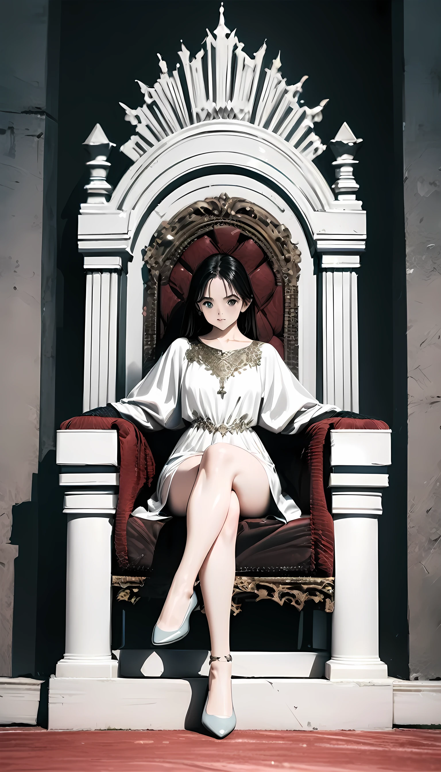 (best quality, high quality, photography, hyperrealism, masterpiece, 8k:1. 3),A slender 20 year old model dressed as a queen, long straight black hair, long white detailed embroidered dress, sitting cross-legged on a throne, set up four steps above her in a large audience hall BREAK She is looking down on her vassals, throne, looking down, looking at the viewer, masterpiece, top quality, very Beautiful, absurd.