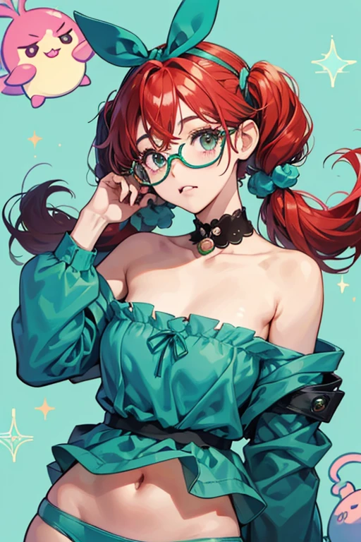 Baristagurutchi is an aqua colored Tamagotchi with a round head and slim body. She has black oval shaped eyes, teal cheek highlights, and a tooth hanging out her mouth. She wears black frame glasses, a red hair bow, and two scrunchies with three curls coming out of each. SPARKLE; GLITTER