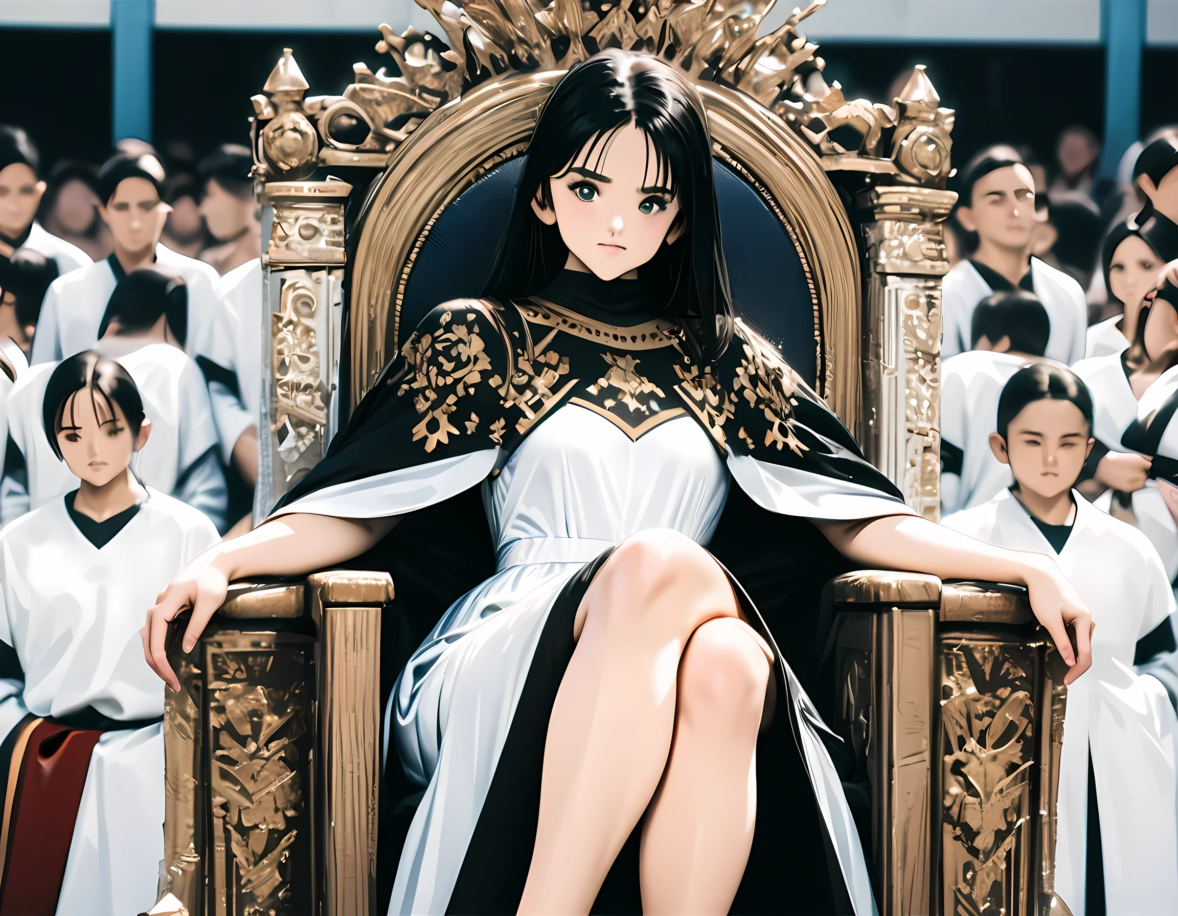 (best quality, high quality, photography, hyperrealism, masterpiece, 8k:1. 3),A slender 20 year old model dressed as a queen, long straight black hair, long white detailed embroidered dress, sitting cross-legged on a throne, set up four steps above her in a large audience hall BREAK She is looking down on her vassals, throne, looking down, looking at the viewer, masterpiece, top quality, very Beautiful, absurd.