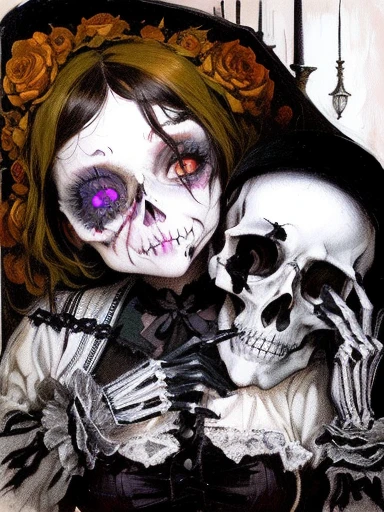 painting of a woman holding a skull with a man in the background, skeleton girl, scary art in color, macabre art, inspired by Pietro Longhi, very creepy, ska skeleton and girlfriend, victorian day of the dead, inspired by Margaret Keane, inspired by El Greco, inspired by Fritz von Dardel, creepy gothic portrait, inspired by Romaine Brooks