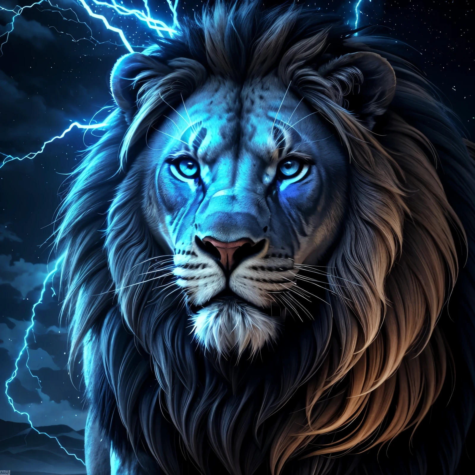 Lion, Divine Lion, naturais, Blue Thunder, Realistic Lion, King, Detailed Realistic, Detailed Realistic 16K, Eletricidade Detalhada 8K, texturas Realistas 8K, Cores Fotorrealista 8K, Blue Fire, Detailed Realistic Fire Bolt, Black and Blue Power, Power Thunder, Divine Realistic, Natureza, Linda, Rendering, Fotorrealista, UltraHigh definition, 4K, texturasdetalhadas, thunder, sombras detalhadas, cores detalhadas, Azul Neon, Blue Light, Raios, Blue power, Natureza Linda, Grande Divino, Blue Light, Blue Thunders, Coroa Rei, Thunder Bolt, Bolt eletric Power, Detailed Realistic Black and Blue Lights, Detailed Realistic Lion 16K, Detailed Realistic Fire Power, Detailed Realistic Divine Lion, Detailed Realistic Face 8K, Nitidez Ultra Realista 16K, Texturas Ultra Detalhadas 8K, Natural Detailed Realistic 8K, Night, Night Sky, contraste detalhado, Contraste realista, high resolution, cores detalhadas, fogo, eletricidade, divina criatura, 8k, Realista detalhado, 16K, 8k, High definition, contraste detalhado, Contraste realista, high resolution, cores detalhadas, fogo, eletricidade, divina criatura, 8k, Realista detalhado, elegante,