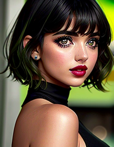 {Ana de Armas}, (Medium Haircut with Black and Slightly Messy Bangs), (olhos verdes, olhos altamente detalhado e brilhante), (full lips with dark lipstick), imagem altamente detalhada, alta qualidade, 16K, estilo cyberpunk, Altamente hiper realista.