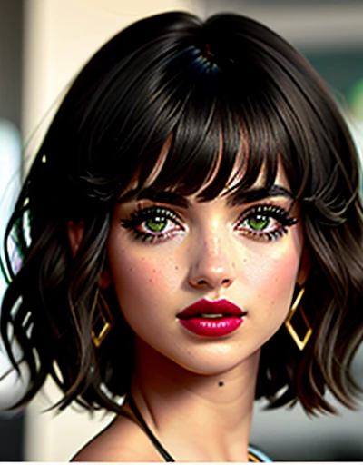 {Ana de Armas}, (Medium Haircut with Black and Slightly Messy Bangs), (olhos verdes, olhos altamente detalhado e brilhante), (full lips with dark lipstick), imagem altamente detalhada, alta qualidade, 16K, estilo cyberpunk, Altamente hiper realista.