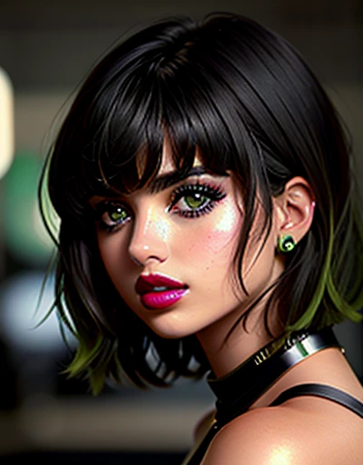 {Ana de Armas}, (Medium Haircut with Black and Slightly Messy Bangs), (olhos verdes, olhos altamente detalhado e brilhante), (full lips with dark lipstick), imagem altamente detalhada, alta qualidade, 16K, estilo cyberpunk, Altamente hiper realista.