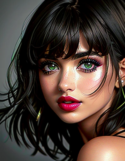 {Ana de Armas}, (Medium Haircut with Black and Slightly Messy Bangs), (olhos verdes, olhos altamente detalhado e brilhante), (full lips with dark lipstick), imagem altamente detalhada, alta qualidade, 16K, estilo cyberpunk, Altamente hiper realista.