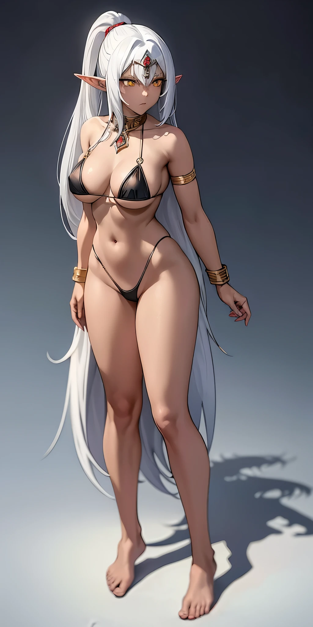 (Masterpiece, plain background:1.2) Female full body, standing straight symmetrical feet together, blood dark elf, dark skin, long messy white hair, short elf ears, circlet, yellow eyes, 1990s (style), female 1sologirl slingshot micro bikini, barefoot, bare handcuffs, shackles wristbands, bracers, bracelets, pauldrons metal shoulders