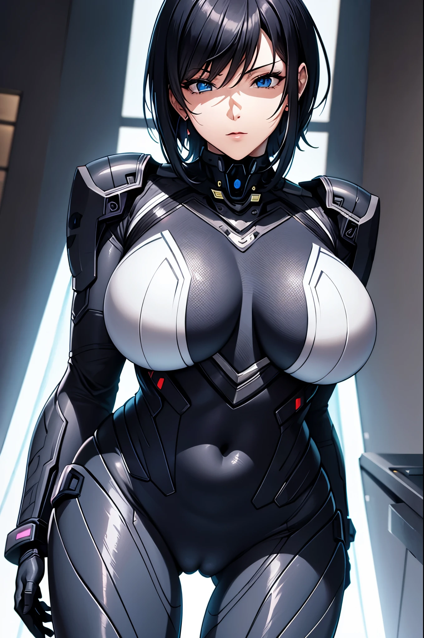 Milf, woman in a futuristic suit, highly detailed face, cool, mom, tomboy, very large breast, (Milf), mature face, (mature female), cybersuit, anime girl wearing tight suit, milfication, Elegant body, navel focus, naked body, gloves, earrings, science fiction, female protagonist, standing, volumetric light, detailed lighting, detailed textures, oppai cyberpunk, biomechanical oppai, masterpiece, best quality eyes, sci-fi background, futuristic landscape, low angle, smooth surface
