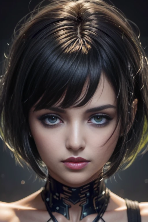 {Ana de Armas}, (Medium Haircut with Black and Slightly Messy Bangs), (olhos verdes, olhos altamente detalhado e brilhante), (full lips with dark lipstick), imagem altamente detalhada, alta qualidade, 16K, estilo cyberpunk, Altamente hiper realista.