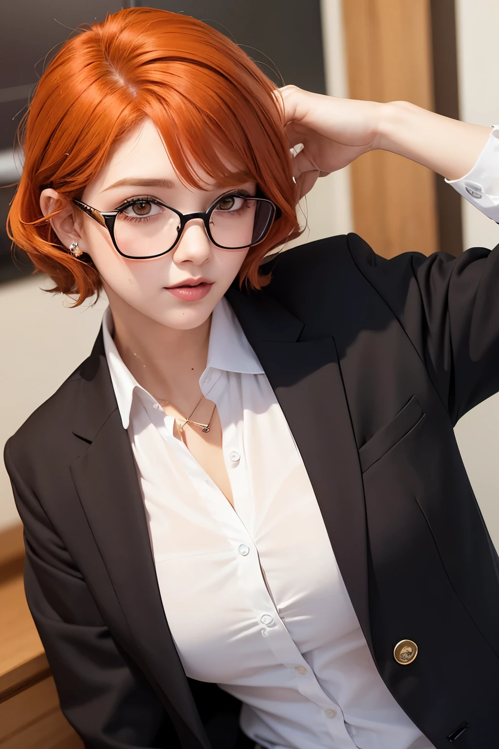 imagem de perfil, young businesswoman with short wavy natural orange hair that reaches her shoulders, rectangular wine-colored glasses and nose ring piercing. Rosto jovial, nem fino e nem redondo, Intermediary. Postura profissional, mas ainda jovial e fofa. Imagem em forma de cartoon mas nada sensual