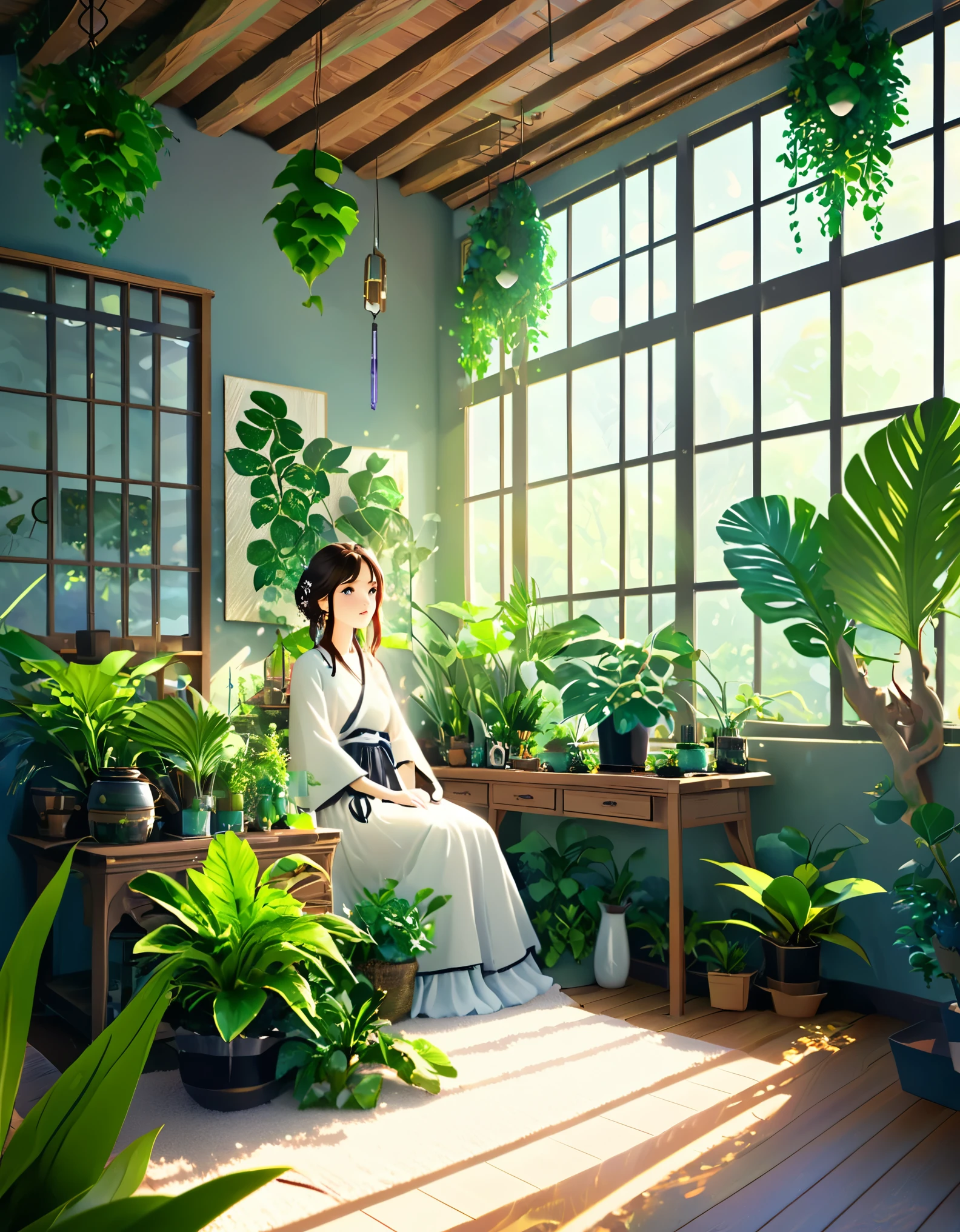  woman in culture capsule, room full of houseplants, best quality, 4k, 8k, highres, masterpiece:1.2, ultra-detailed, realistic, photorealistic, photo-realistic:1.37, HDR, UHD, studio lighting, ultra-fine painting, sharp focus, physically-based rendering, extreme detail description, professional, vivid colors, bokeh, surreal, fantasy, cinematic, dramatic lighting, lush foliage, verdant, emerald, translucent, ethereal, dreamlike, glowing, serene, contemplative