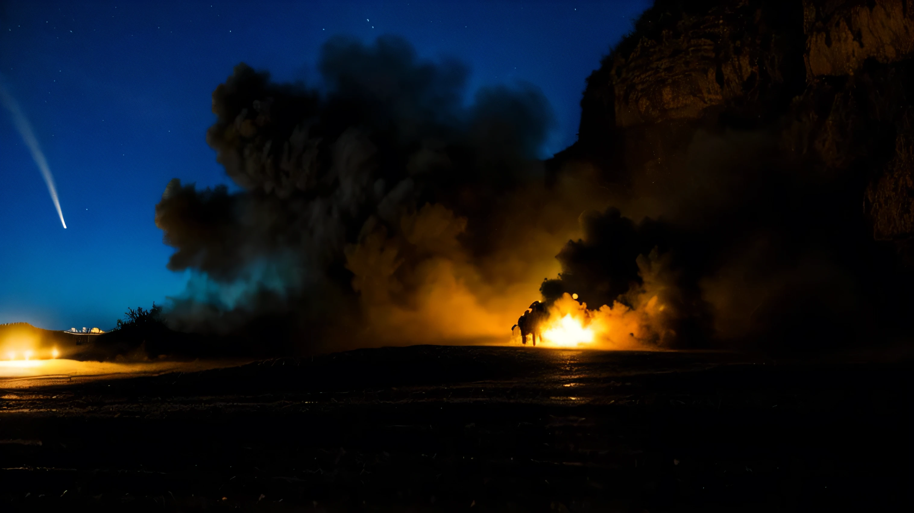 ((melhor qualidade)), ((Obra de arte)), (detalhado), carruagem, voando, seres grande na carruagem, com rodas de fogos , voando sob a montanha, carruagem, nave, ovn, unidentified object in the sky,