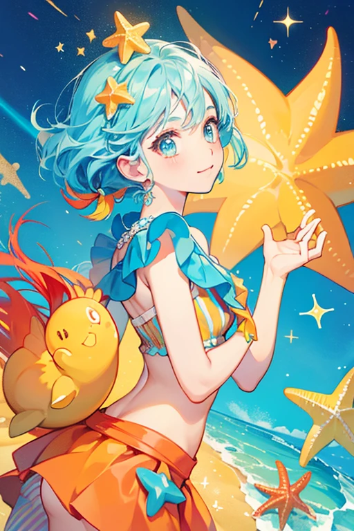 Beachboytchi has a round light blue body with dot like eyes. she wears a red and yellow striped float and an orange and yellow starfish on the back of her head. SPARKLE; GLITTER