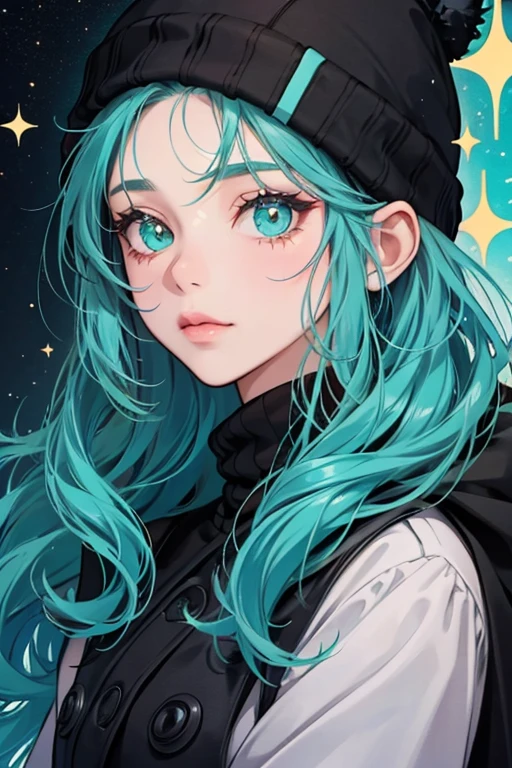 she has black beady eyes, teal colored cheek highlights, and wears a black beanie. SPARKLE; GLITTER