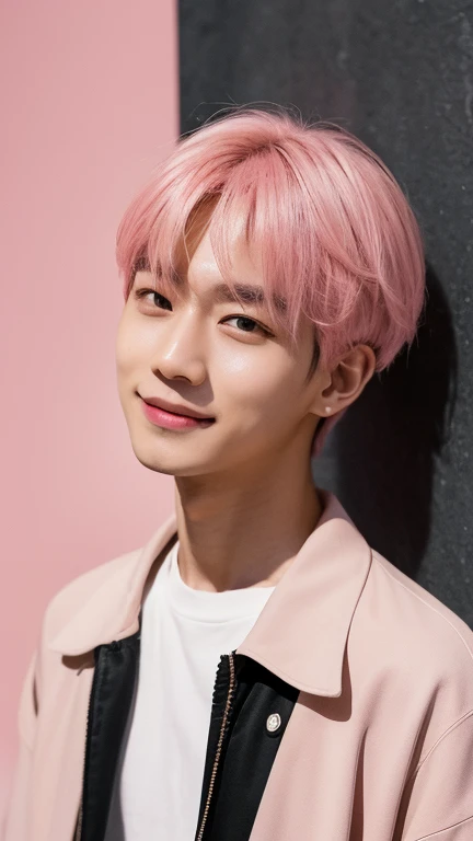 (Highly realistic photos, concentrate、High resolution, Detailed face, Detailed Hair,fine grain), ((Shooting in front of a wall))、Japanese men, 20-year-old, One boy,Only one person is in the photo、Natural look、((Black jacket)), Upper body portrait,masterpiece,good looking,Kim Tae-hyung,Kim Taehyung\(BTS\),Stage makeup,Fair skin,Broad shoulders:1.5,(Pink Hair, :1.2),shy,smile,Inside a minimalist art gallery in Tokyo, admiring a piece of contemporary art.The gallery's sophisticated lighting focuses on the artwork and him, creating a dramatic interplay of shadows and light --ar 3:4 --style raw --stylize 250