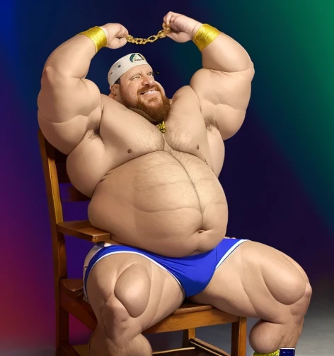 Only plump, chubby, extremely thick thighs, large belly, wearing only green or gray or blue or white stanpine swim trunks, solo, male focus, upper body, muscular, mature male, old man, short hair, grey hair, brown eyes, thick eyebrows, glasses, black-framed eyewear, facial hair, stubble, sideburns, smile, necklace, gold chain, chain, white tank top, blue boxers, striped male underwear, blue slippers, plump, belly, fat, arm hair, leg hair, sitting, yellow checkered armchair, simple background, dick out