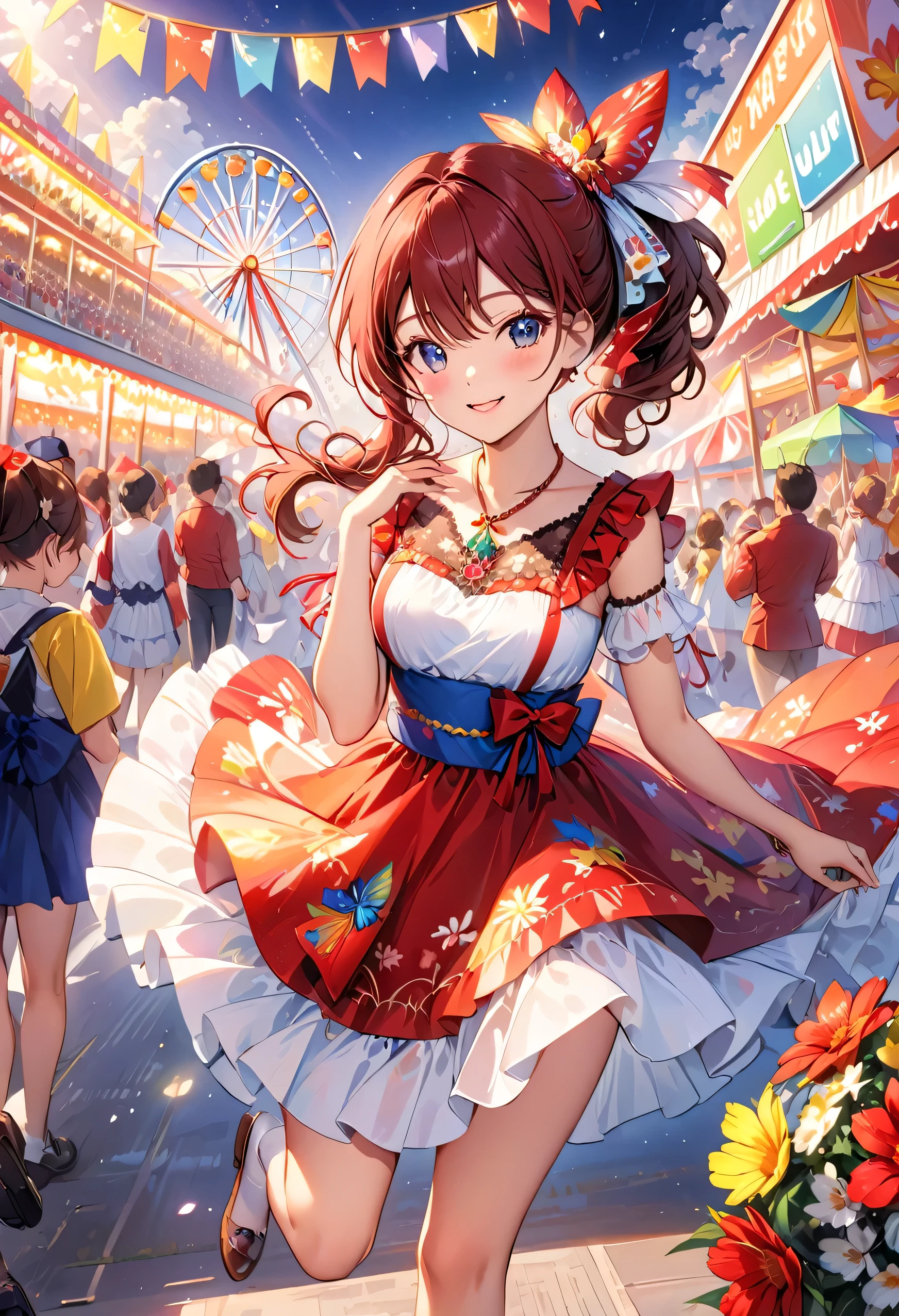 highest quality、High resolution、Detailed Background、Beautiful face in every detail、Teenage beauty、Brightly colored hair、well-groomed eyebrows、Perfect body line、Attractive thighs、Hairstyles that add waves and curls、Fancy eye makeup、Lip Makeup、I'm excited、Blushing、High tension、A big smile、smile、Carnival of Rio、night、

(A girl dancing energetically to &quot;High Tension&quot; at Carnival of Rio:1.5)、

Lots of colorful costumer.々There will be parades and performances、
Ruffled or lacy tops and dresses、Choose items with sweet colors and patterns、Fruit and floral print tops and bottoms are perfect for the carnival atmosphere.、The refreshing colors and cute design make it even cuter.、Items that incorporate ribbons and bows as accents、hair accessory、necklace、Attach a ribbon、

A spectacular parade will be held in a huge facility with a vast stage and seating.、Walk through streets lined with Rio&#39;s iconic landmarks、In a dream-like scene, the participants dance wildly and the audience cheers enthusiastically.