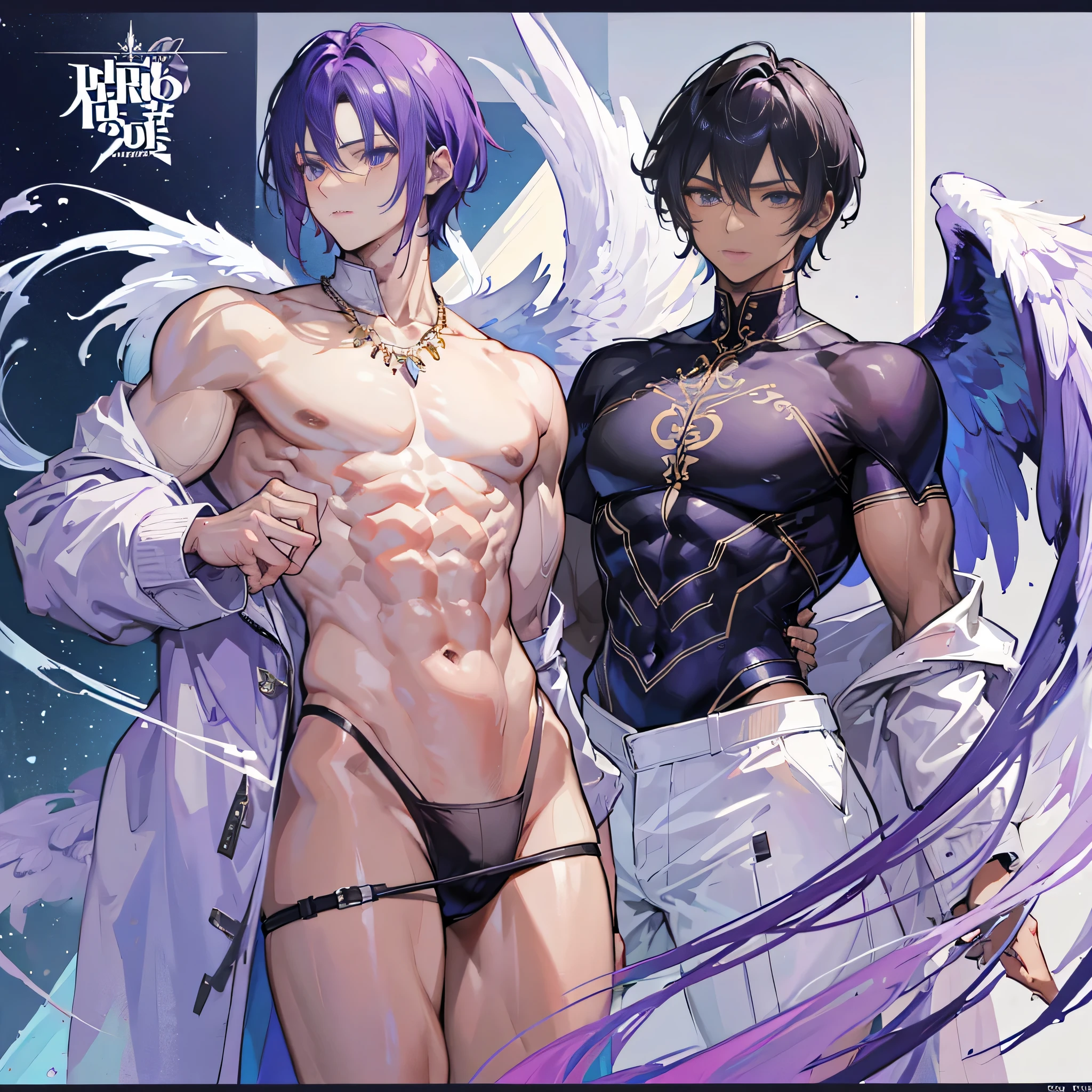 ((Masterpiece, Highest quality)), Male, boy, Detailed face, character design sheet,full bodyesbian, Full of details, frontal body view, back body view, Highly detailed, character sheet, character design, Many parts, dark skin, angel wings, short purple hair, angel outfit, masculine, male muscle, Muscle boy with purple short hair,handsome man, male angel , man tall, abs, pectoral muscle