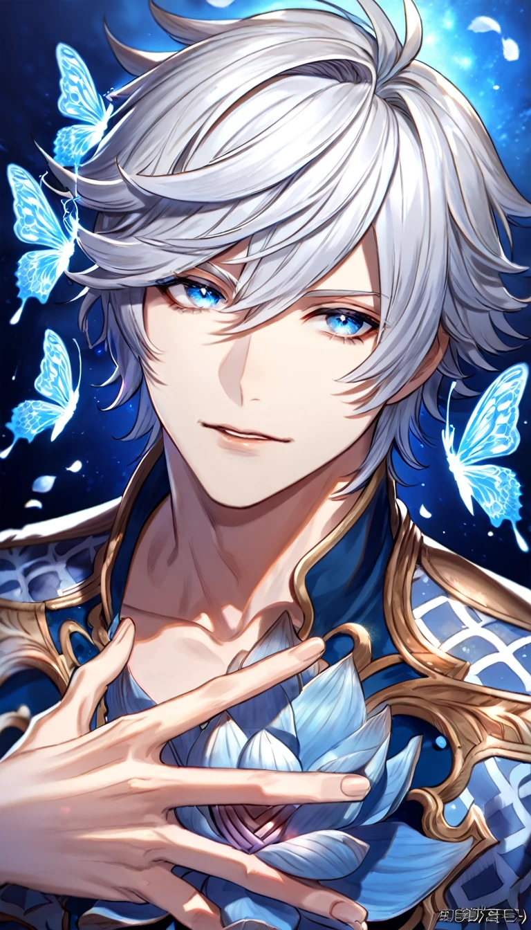 absurdres, highres, ultra detailed, HDR, master piece, best quality, Lucifer, white hair, expressive blue eyes, granblue fantasy, solo, sexy man, handsome, patterns, magical, fantasy, blue background, blue lotus, shining, blue petals, blue sparkling butterflies