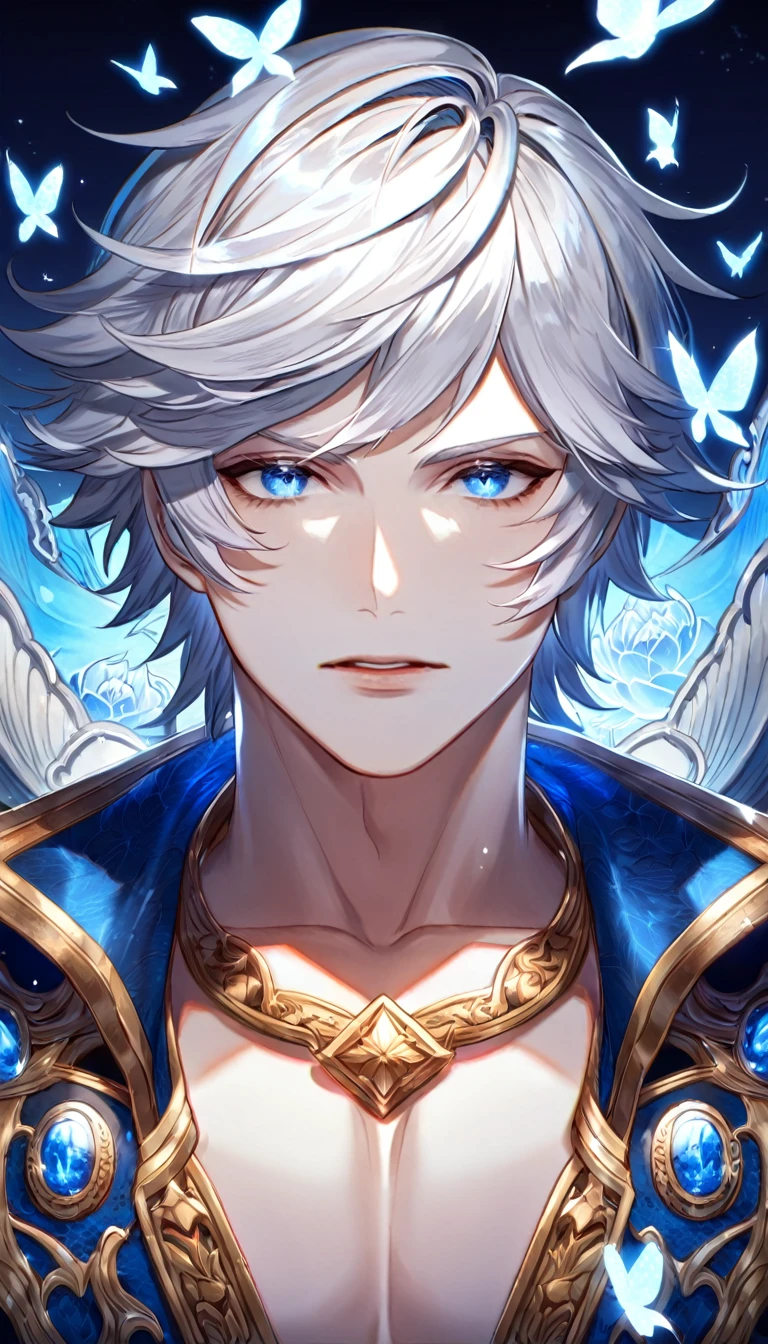 absurdres, highres, ultra detailed, HDR, master piece, best quality, Lucifer, white hair, expressive blue eyes, granblue fantasy, solo, sexy man, handsome, patterns, magical, fantasy, blue background, blue lotus, shining, blue petals, blue sparkling butterflies