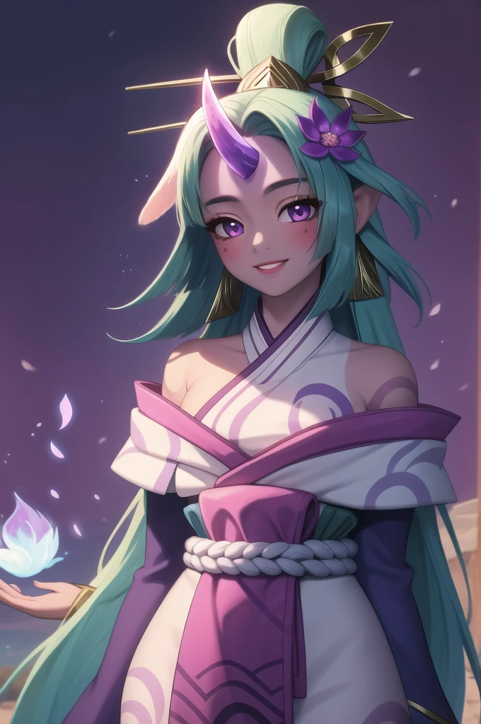 (masterpiece, best quality:1.2), intricate details, spirit blossom soraka, 1girl, purple skin, colored skin, single horn, kimono, hair ornament, bare shoulders, smile