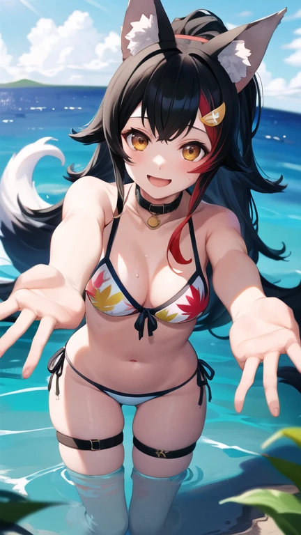 masterpiece, best quality, highres, Ookami Mio, hair ornament, ponytail, wolf tail, swimsuit, thigh strap, leaf print, collar, string bikini, ocean, water, wet, smile, open mouth, partially submerged, reaching out,