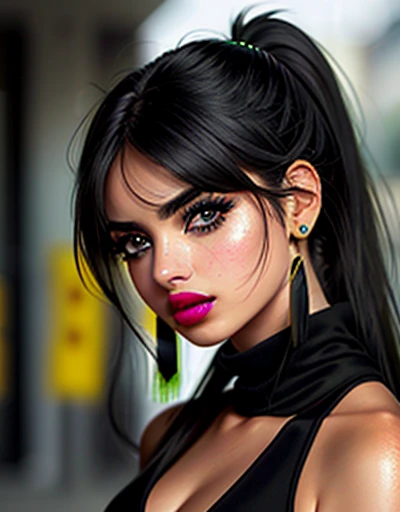 {Ana de Armas}, (Long ponytail hair with black bangs and slightly messy), (olhos verdes, olhos altamente detalhado e brilhante), (full lips with dark lipstick), imagem altamente detalhada, alta qualidade, 16K, estilo cyberpunk, Altamente hiper realista.