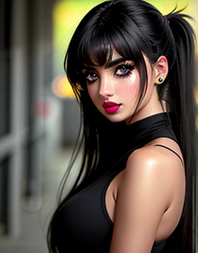 {Ana de Armas}, (Long ponytail hair with black bangs and slightly messy), (olhos verdes, olhos altamente detalhado e brilhante), (full lips with dark lipstick), imagem altamente detalhada, alta qualidade, 16K, estilo cyberpunk, Altamente hiper realista.