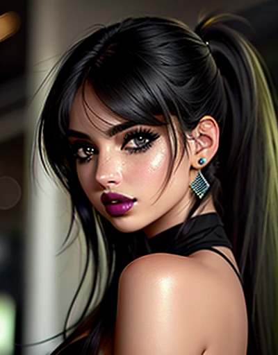 {Ana de Armas}, (Long ponytail hair with black bangs and slightly messy), (olhos verdes, olhos altamente detalhado e brilhante), (full lips with dark lipstick), imagem altamente detalhada, alta qualidade, 16K, estilo cyberpunk, Altamente hiper realista.