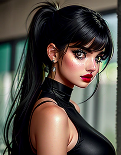 {Ana de Armas}, (Long ponytail hair with black bangs and slightly messy), (olhos verdes, olhos altamente detalhado e brilhante), (full lips with dark lipstick), imagem altamente detalhada, alta qualidade, 16K, estilo cyberpunk, Altamente hiper realista.