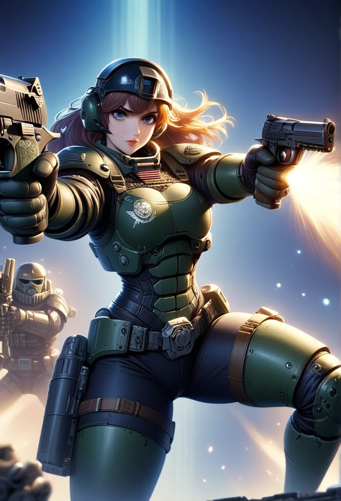 detailed illustration (side view),dynamic angle,ultra-detailed, illustration, pose for the camera, anime, clean line art, shading, woman, Big strong woman, wearing power armor, hand outstretched towards camera, fighting, rescuing viewer, helmet off, no helmet, beautiful woman, beautiful face, caring face, concerned face, female space marine, warhammer space marine, women space marines, in heavy power armor, warhammer 40k power armor,