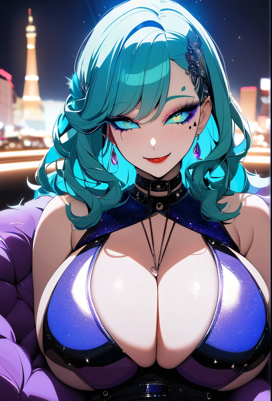 Holo-Punk Style, (8k, RAW photo, best quality, masterpiece: 1.2) detailed face, (light: 1.2), 1girl, woman, vegas show, feathers, massive breasts, cyan hair, bouffant, vegas at night, smile, heavy makeup, deep makeup, makeup, glam style makeup, eyeliner, mascara